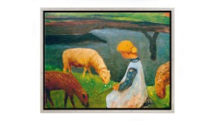 Paula Modersohn Becker Schilderij Zittend meisje met schapen bij de vijver