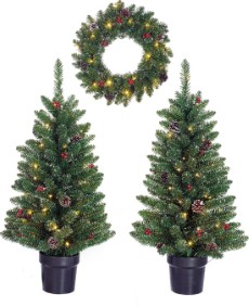 Black Box Trees Creston Set van 2 Kerstbomen en 1 Krans met LED Verlichting Groen