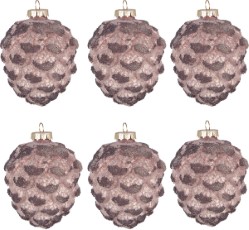 Clayre en Eef Kerstballen set van 6 Dennenappel 8 cm Roze Glas