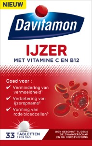 Davitamon Ijzer met vitamine B12 | Draagt bij aan het verminderen van vermoeidheid | Voedingssupplement met ijzer en vitamine B12 | 33 ijzer tabletten