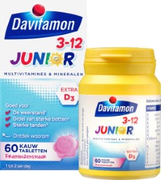 Davitamon Junior 3 Jaar kauwvitamines | multivitamine kinderen | framboos | 60 tabletten