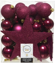 Decoris 33x stuks kunststof kerstballen framboos roze magnolia inclusief ster piek 5|6|8 cm