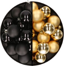 Decoris 32x stuks kunststof kerstballen mix van zwart en goud 4 cm