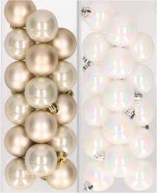 Decoris 32x stuks kunststof kerstballen mix van champagne en parelmoer wit 4 cm