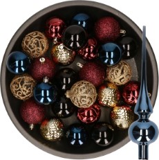 Decoris Kerstballen 37 ST kunststof 6 cm met glazen piek blauw|goud|rood|zwart