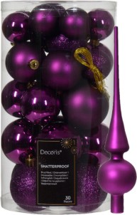 Decoris 30x kunststof kerstballen en glazen piek paars