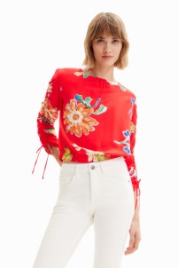 Desigual Korte aangerimpelde blouse met bloemen RED M