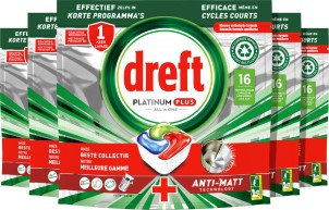 Dreft Platinum Plus All In One Vaatwastabletten Voordeelverpakking 5 x 16 stuks