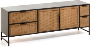 Kave Home Kyoko TV meubel van dennenhout en zwart metaal met 2 deuren en 4 laden 150 x 55 cm