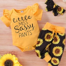 Baby Girls Cute Fly Sleeve Letter Print Romper en Sunflower Print Pants en Bow Headband Set