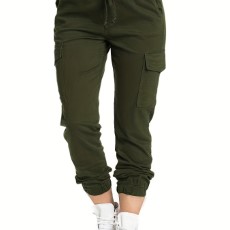 Y2k Solid Drawstring Cargo Pants Casual Elastic Waist Long Length Pants With Pockets Womens Clothing