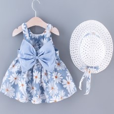 2pcs Baby Girls Sleeveless Daisy Print Back Big Bow Decor Beach Dress en Hat Set Kids Summer Clothes