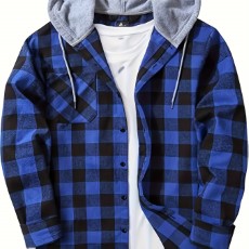 Plaid Pattern Mens Long Sleeve Hooded Shirt Jacket With Chest Pocket Mens Casual Fall Winter Outwear