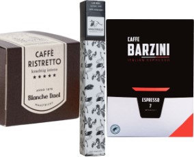 Verse maling Koffiecups proefpakket Espresso 100 cups Barzini, Vascobelo en Blanche Dael