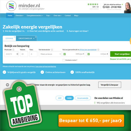 Minder.nl bespaar nu zakelijk tot € 650,- op je energie rekening